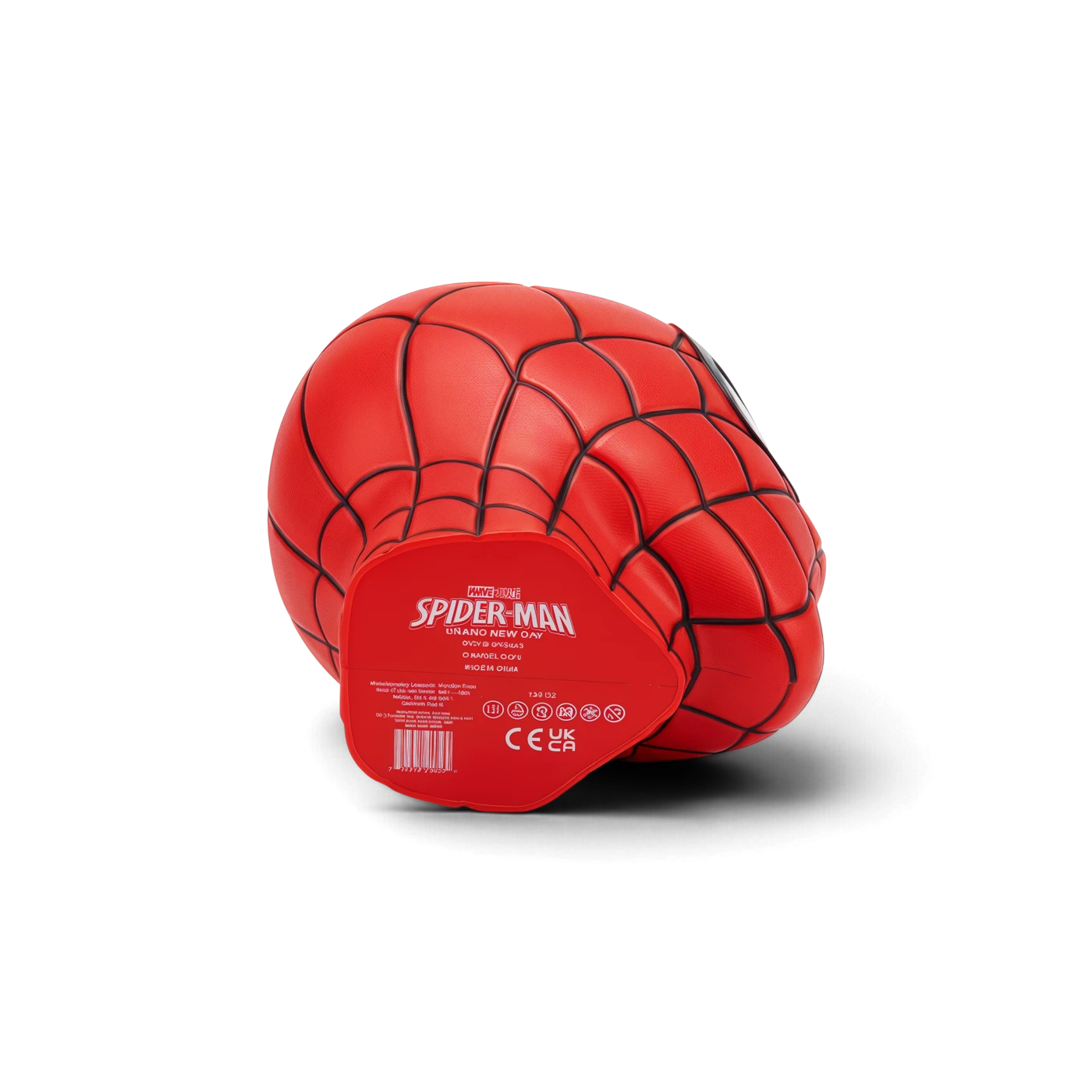 Unterseite des Spider-Man Eimers mit Marvel-Lizenzkennzeichnung sowie CE- und UKCA-Zeichen